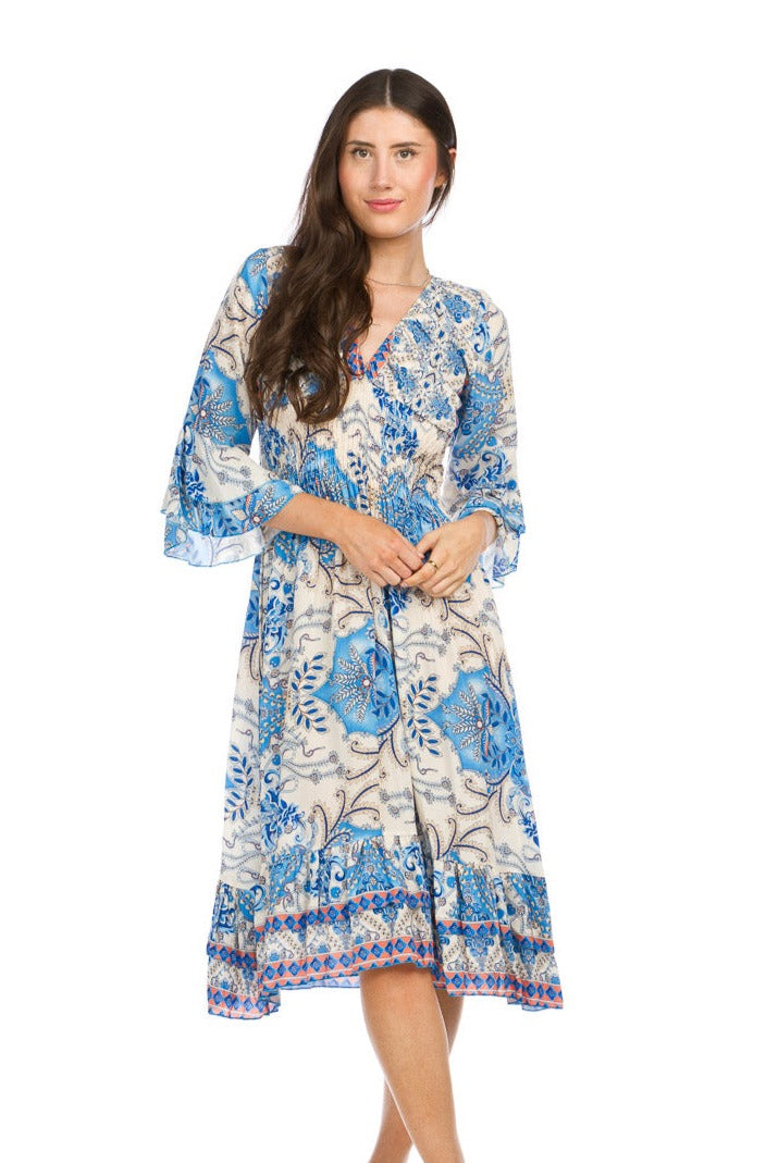 Printed V Neck Midi Dress with Smocking and Ruffle Trim