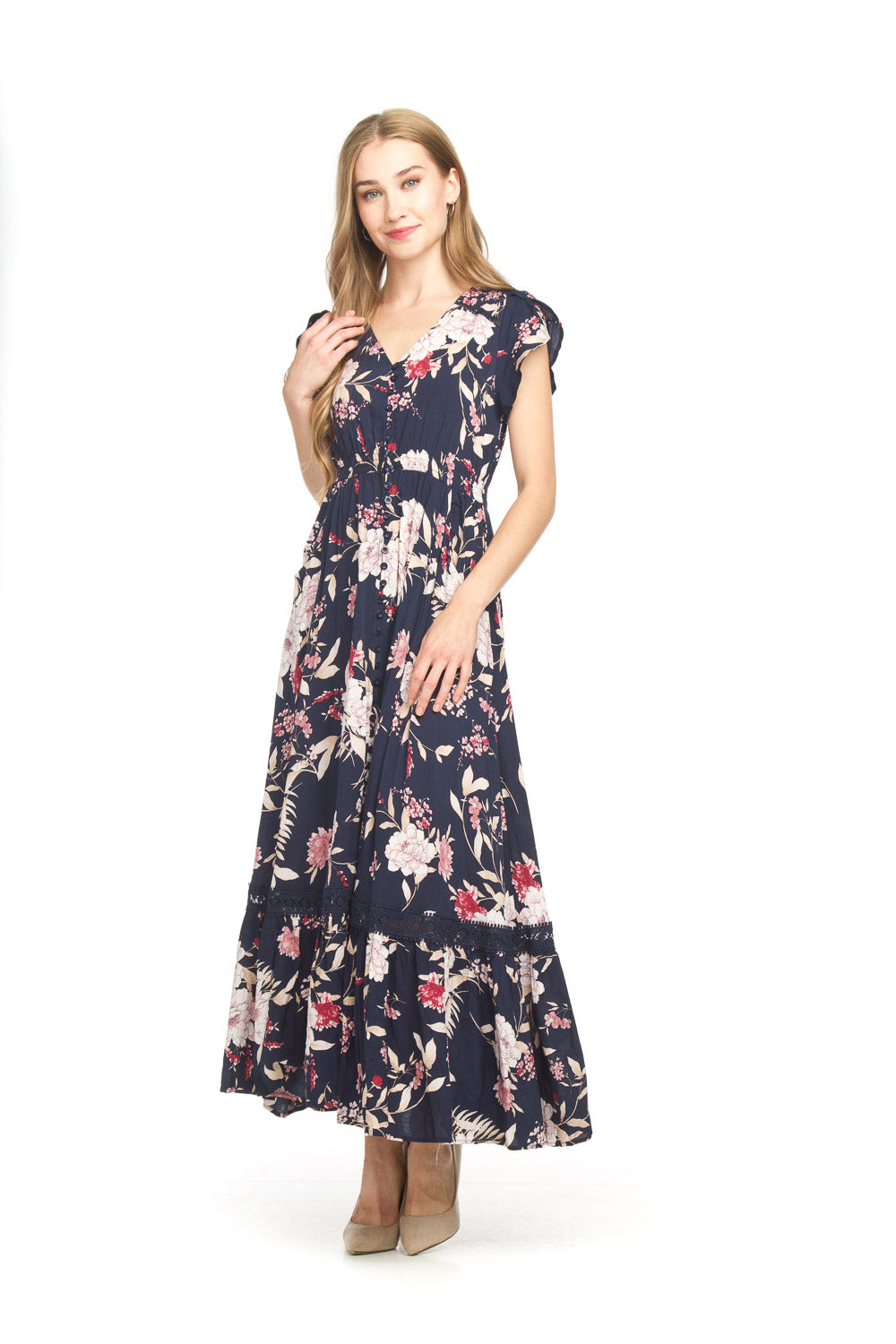 Floral Short Sleeve Maxi Dress With Lace Inset