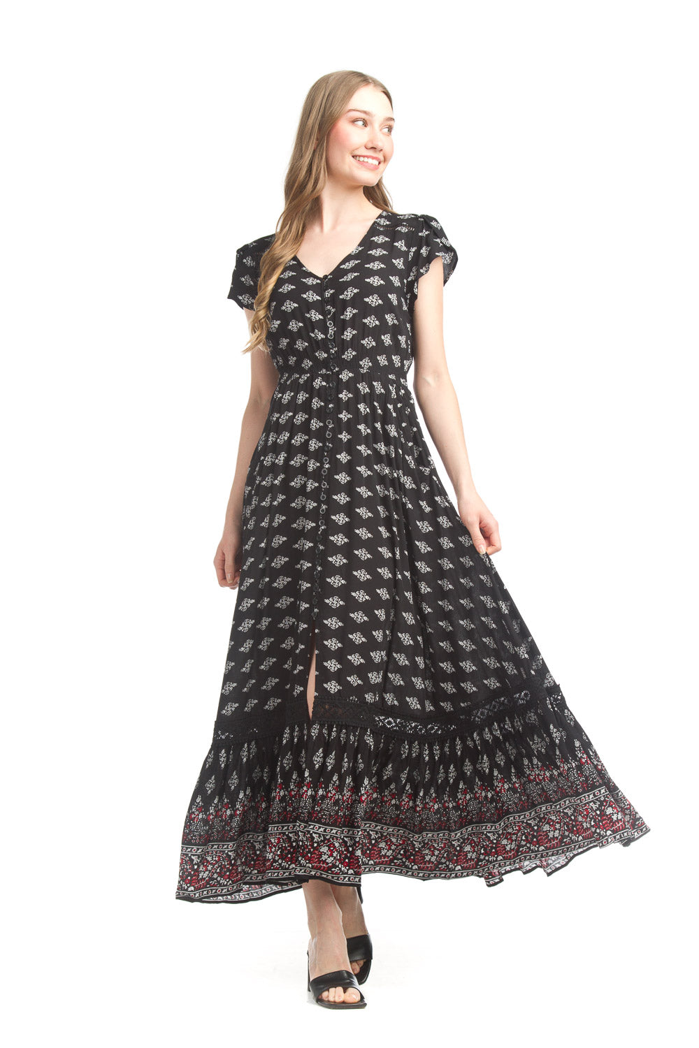 Geo border print short sleeve Maxi Dress