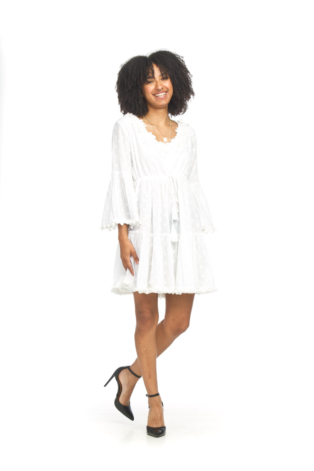 Cotton Bell Sleeve Dress With 3D Rose