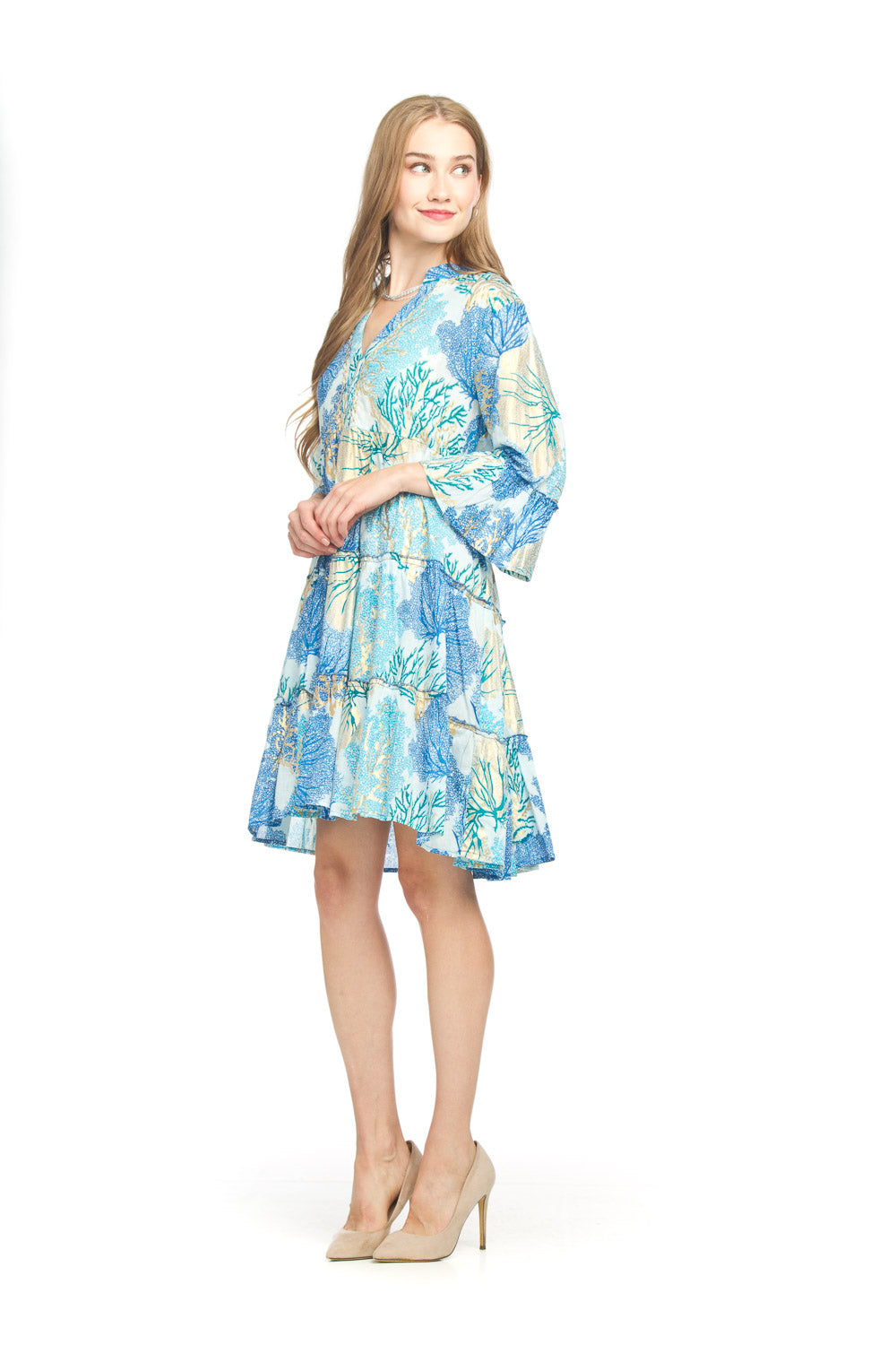Tiered Shimmer Coral printed Henley Dress