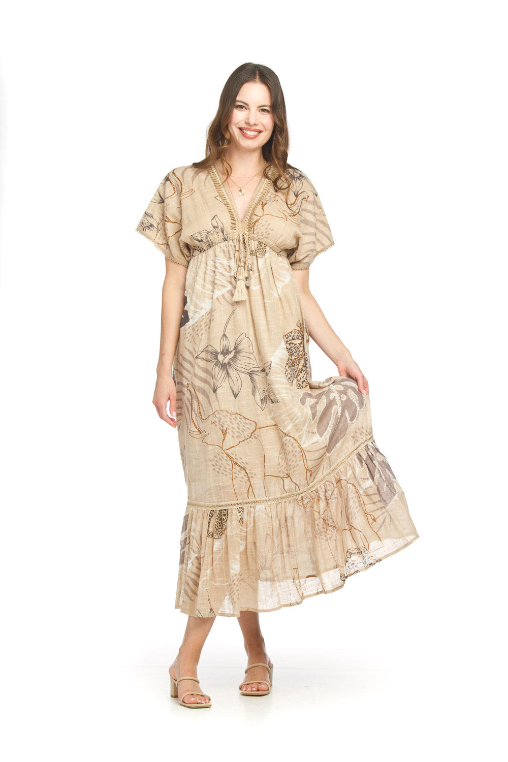 Mixed Print Cotton V Neck Maxi Dress With Elastic
