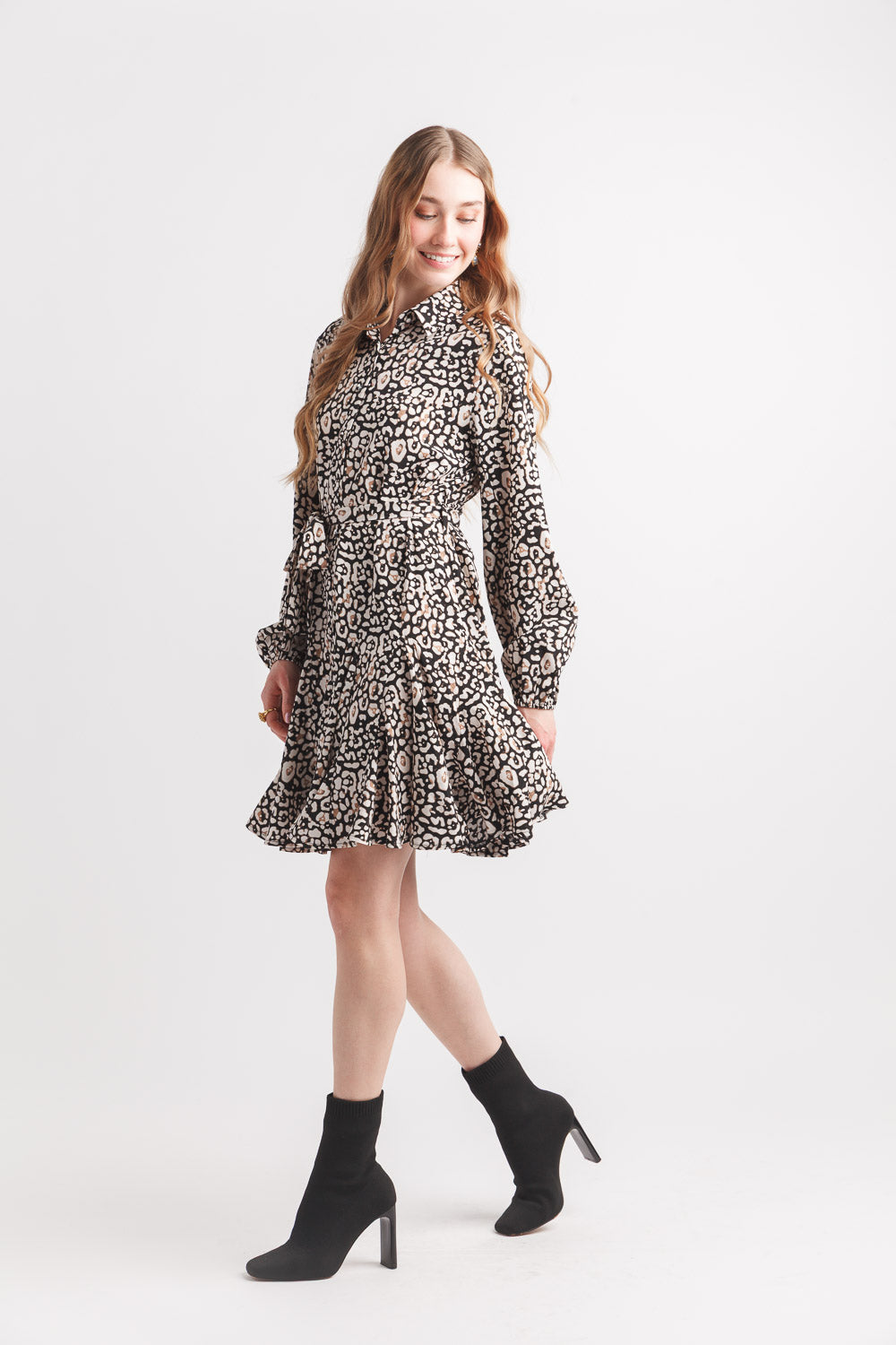 Animal Print Shirt Dress With Ruffle Him