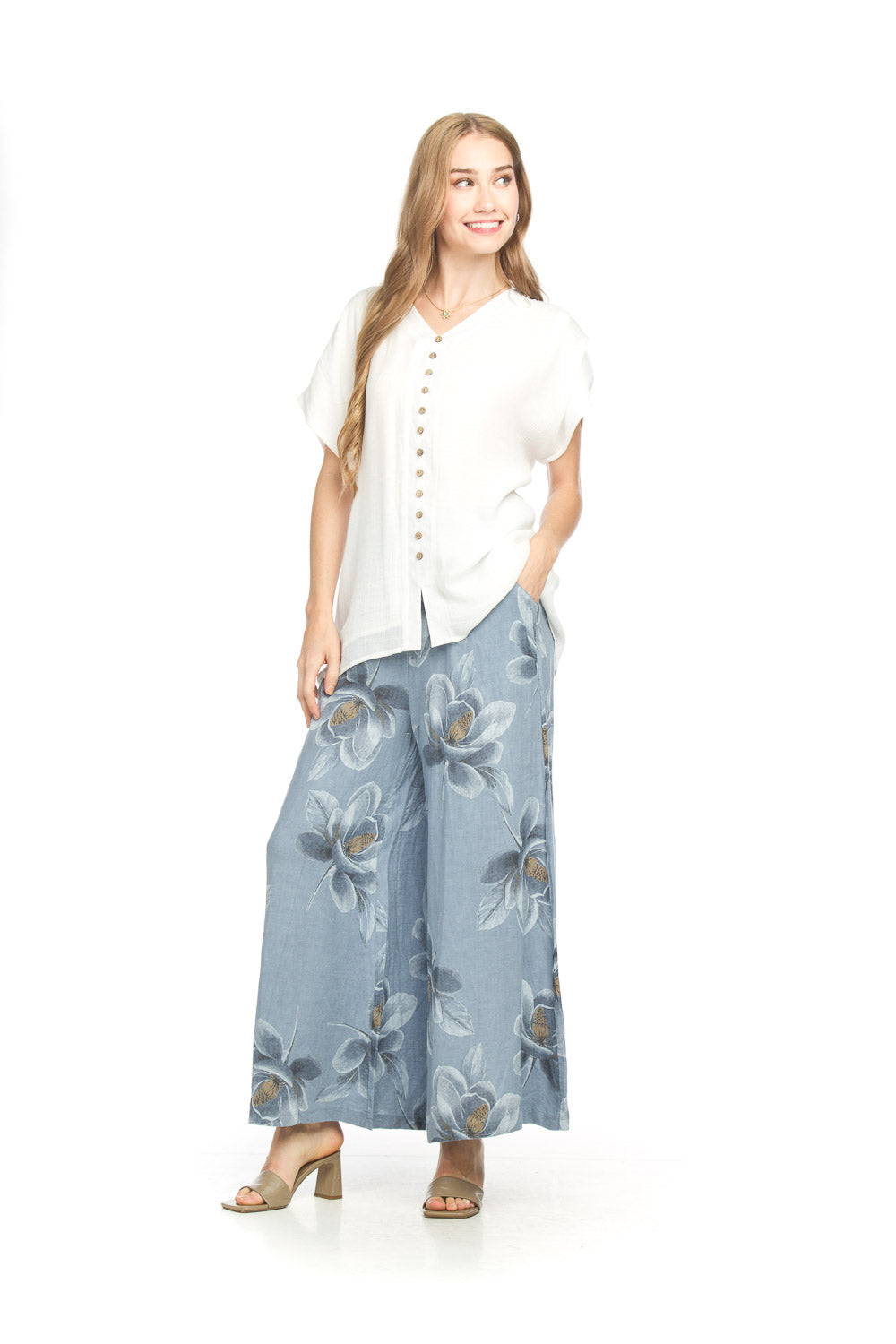 Floral Linen Wide Leg Paints With Elastic Waist