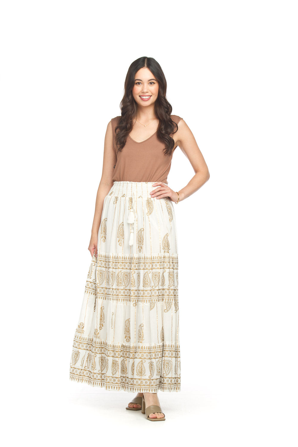 Gold Detail Tiered Paisley Maxi Skirt With Elastic