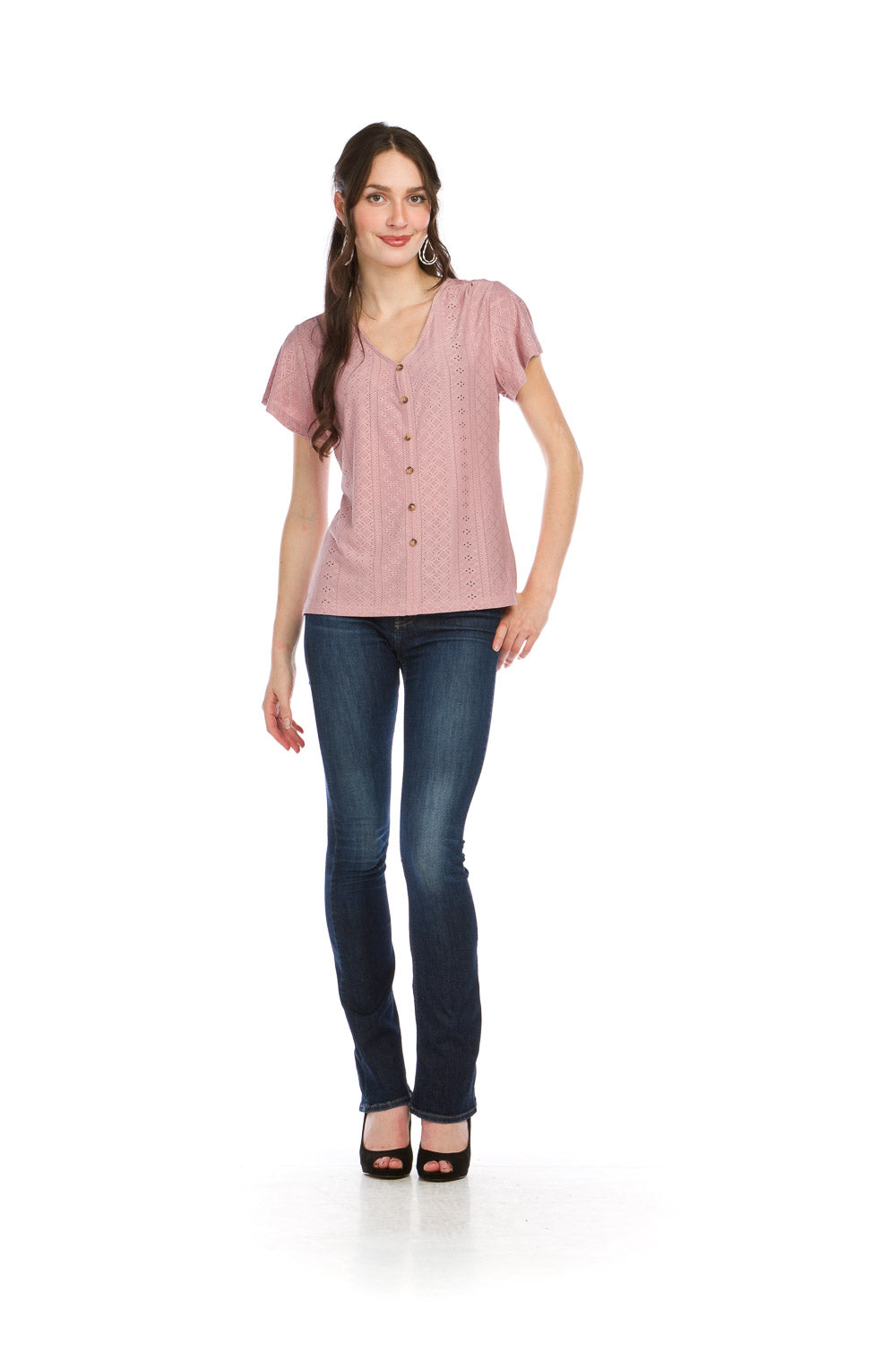 Stretch Eyelet T-Shirt with Button Detail