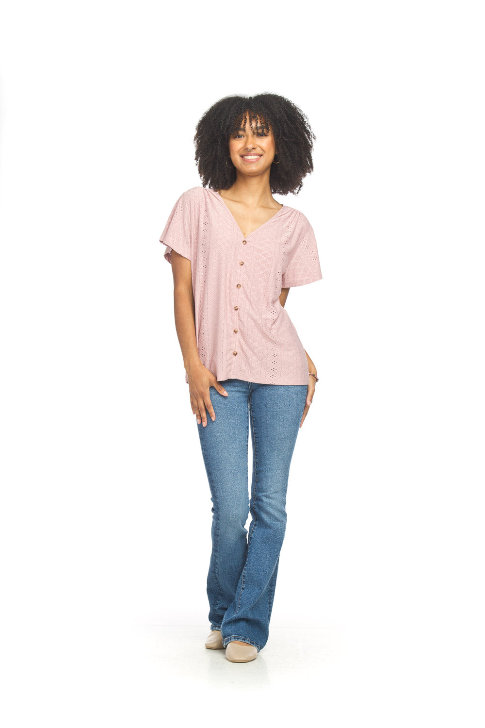 Stretch Eyelet T-Shirt with Button Detail