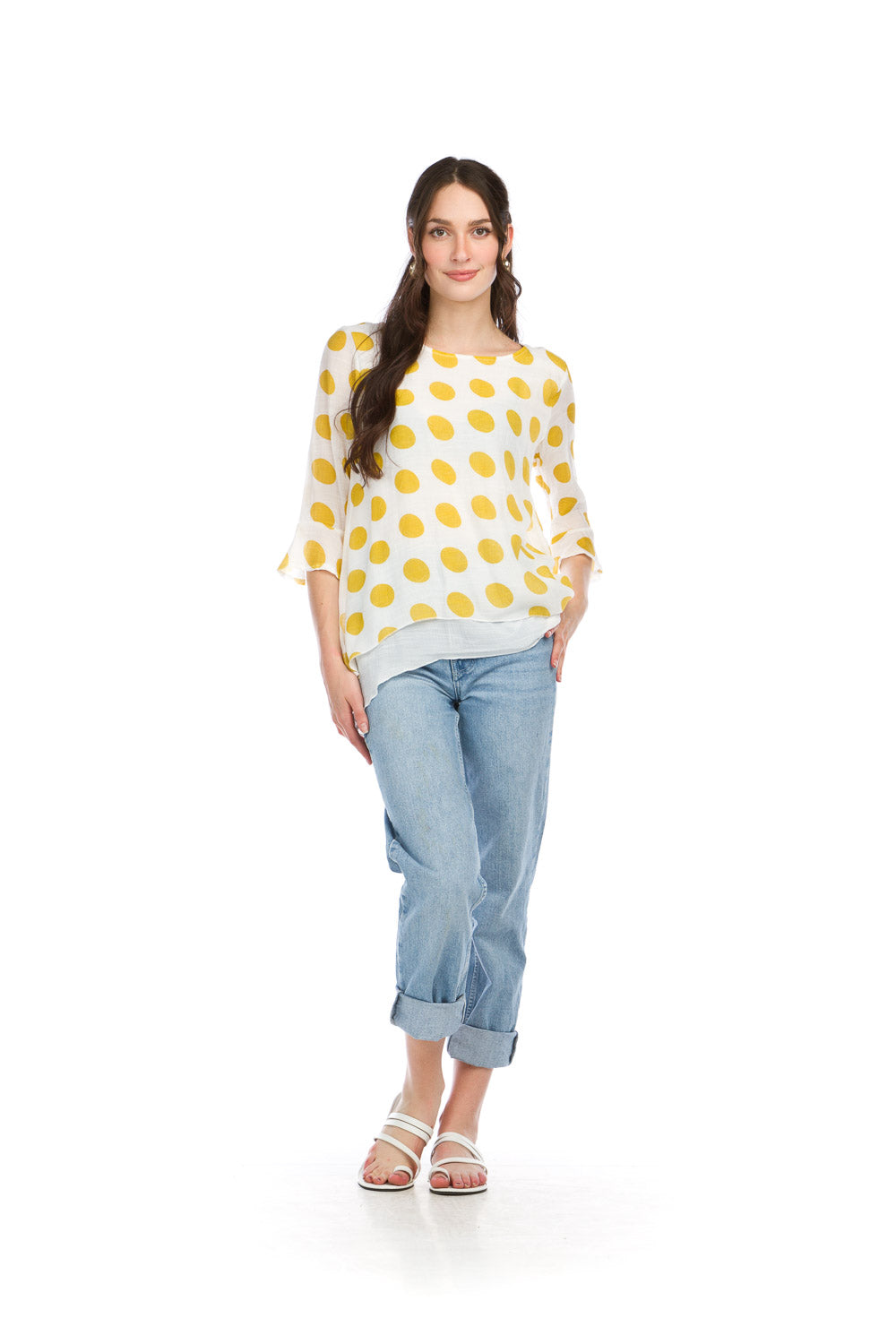 Polka Dot High Low Layered Blouse with Flared Sleeve