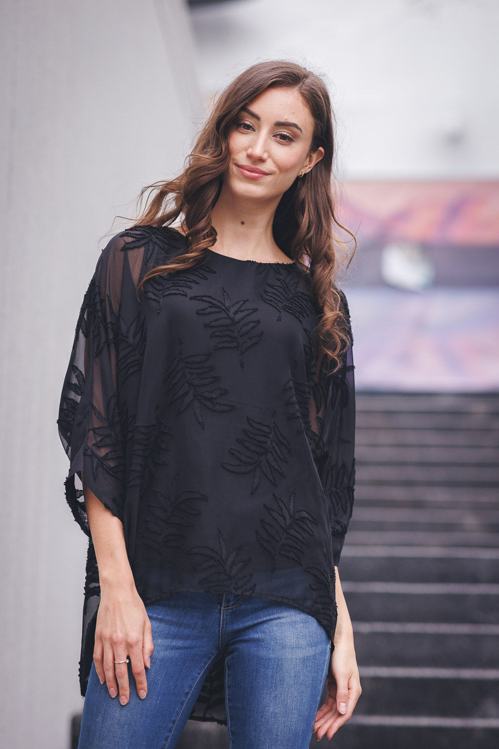 Burnout Leaves Print Georgette Oversize Blouse