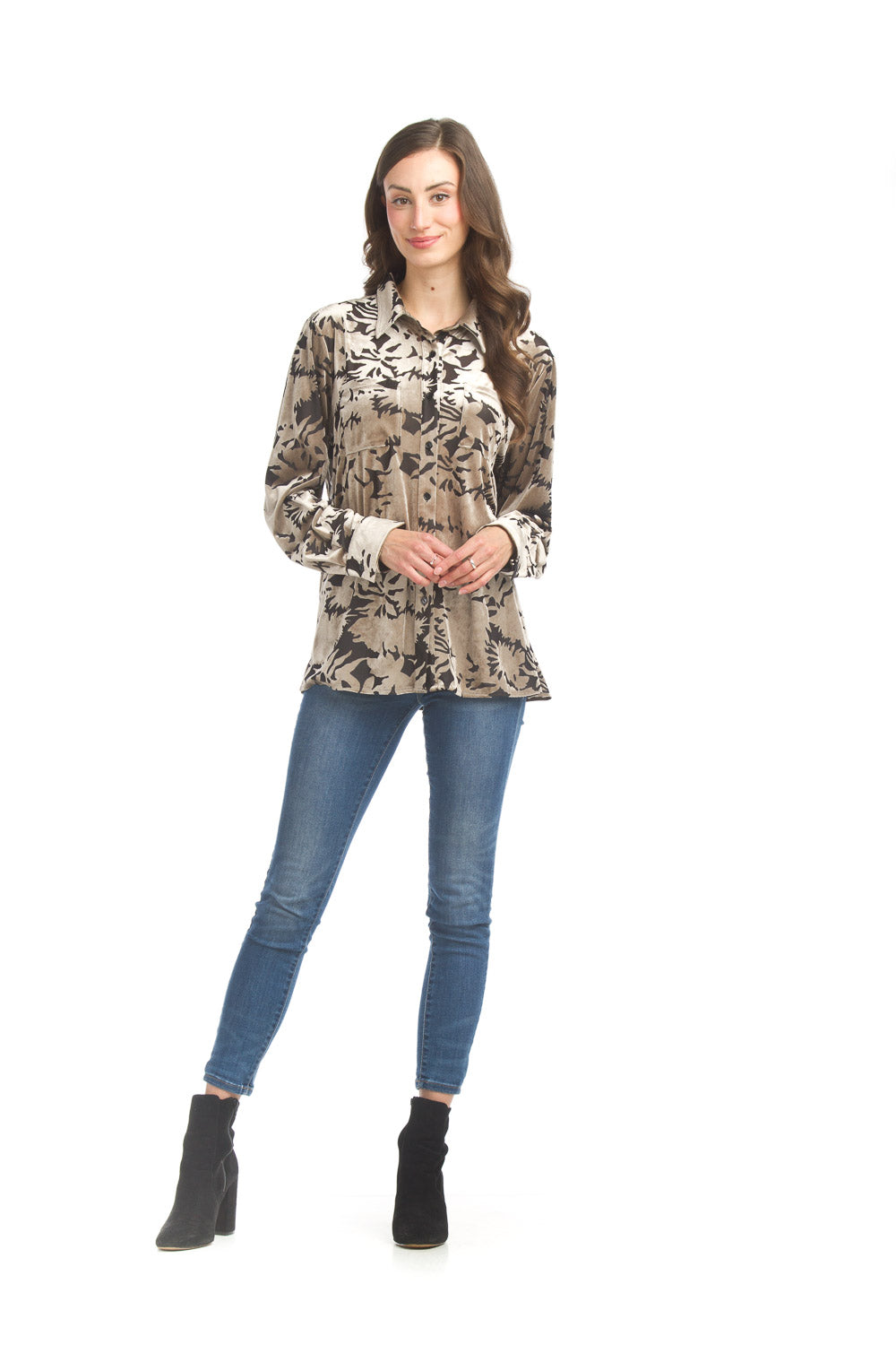 Velvet Burnout Collared Button Front Shirt