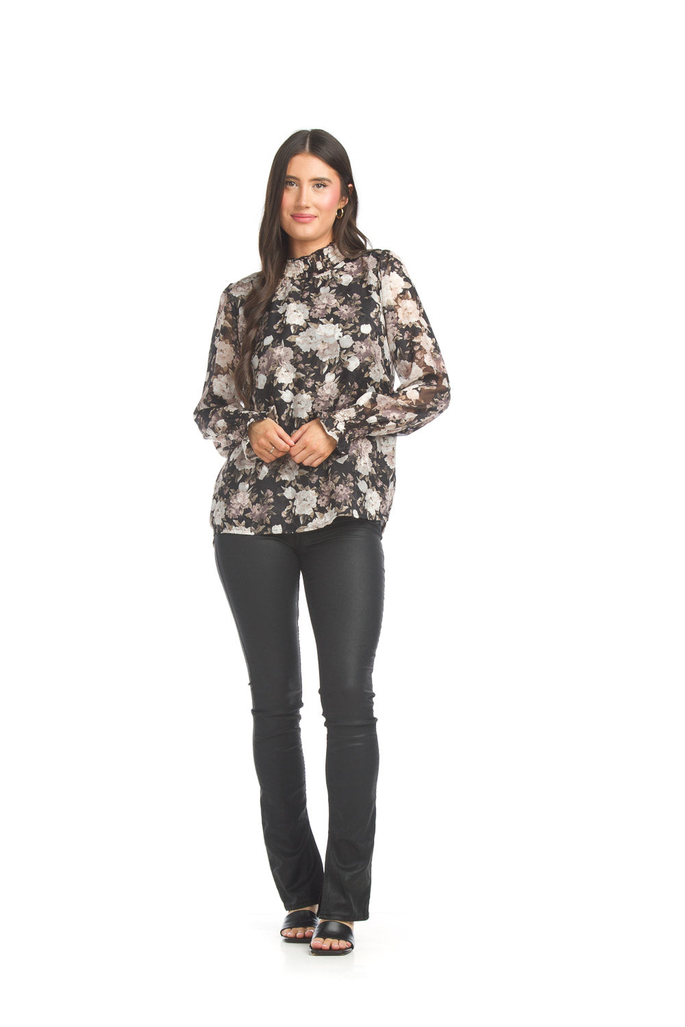 Satin Burnout Floral Mock Neck Blouse