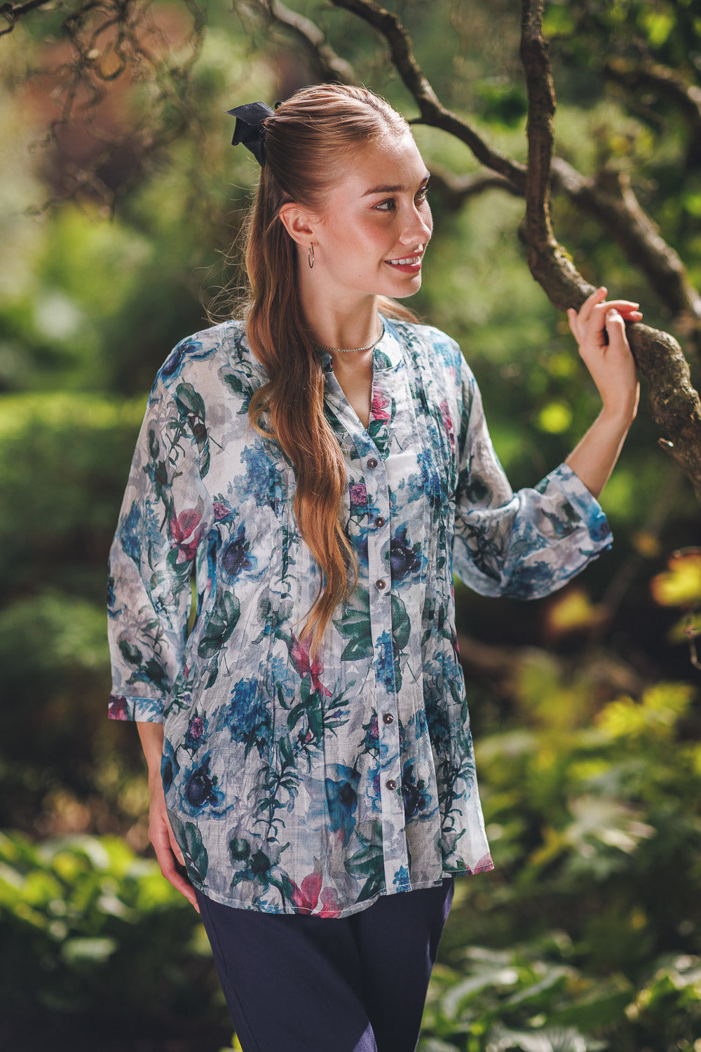 Floral Pintuck Blouse With Tab Sleeves