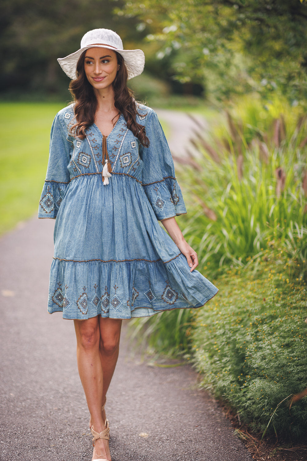Embroidered and Beaded Denim Dress