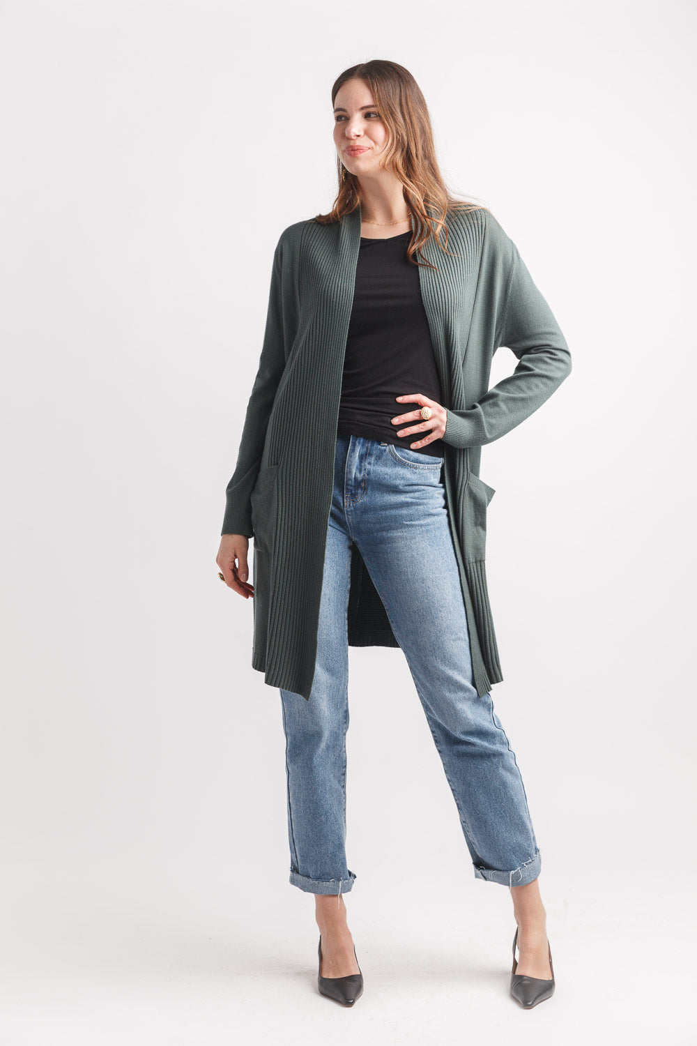 Ribbed Pointelle Cardigan with Pockets