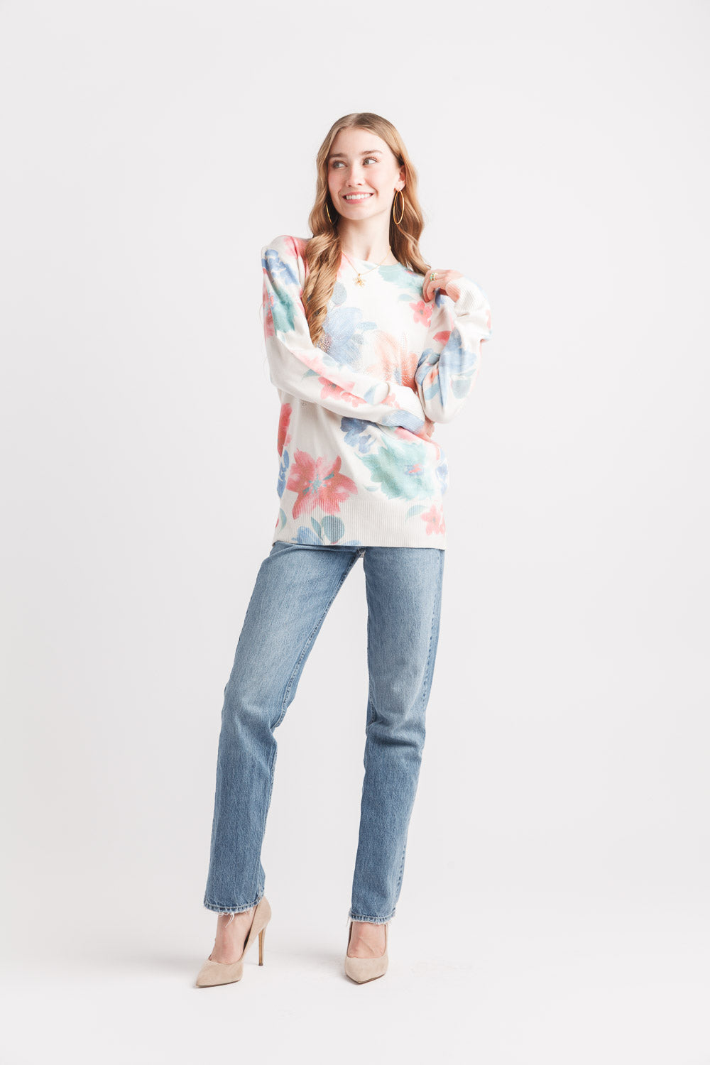 Floral Rhinestone Lightweight Sweater