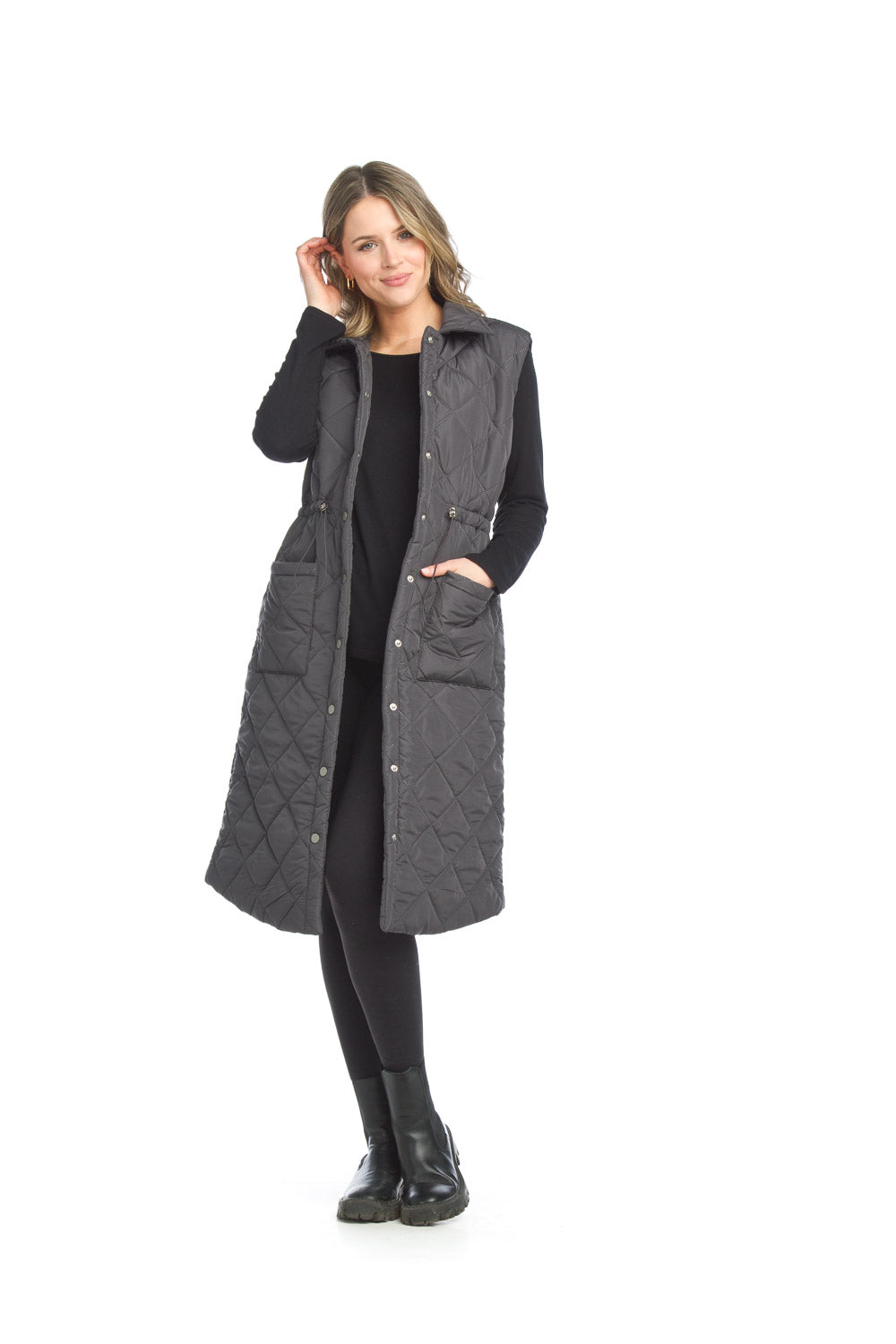 JT-13758 - Charcoal - Puffer Vest with Drawstring Waist and Pockets