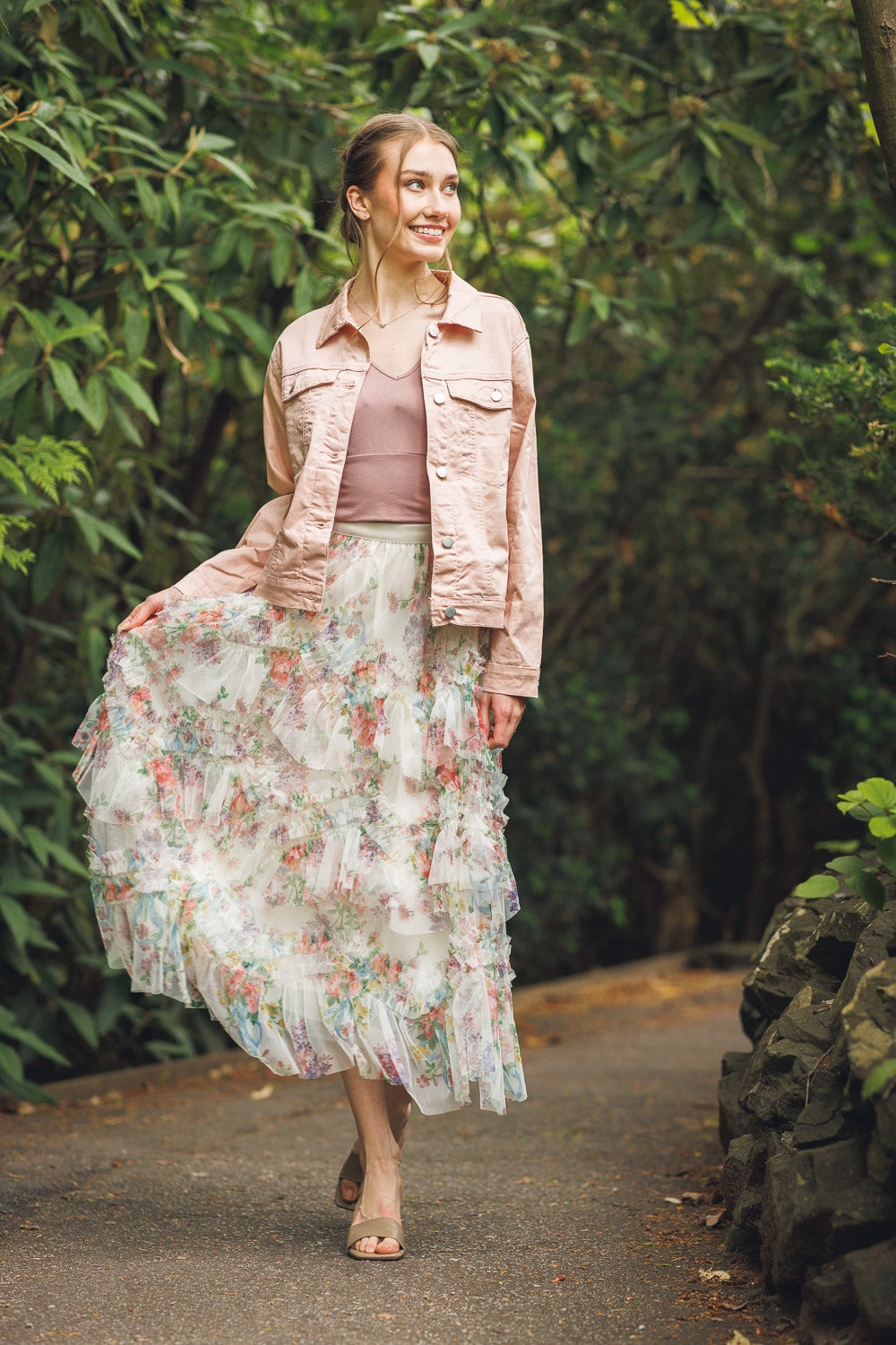 Tiered Floral Skirt With Elastic Waist