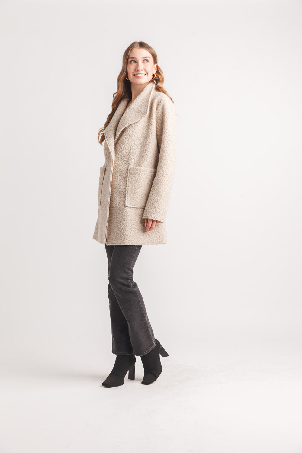 Boucle Lapel Coat With Pockets