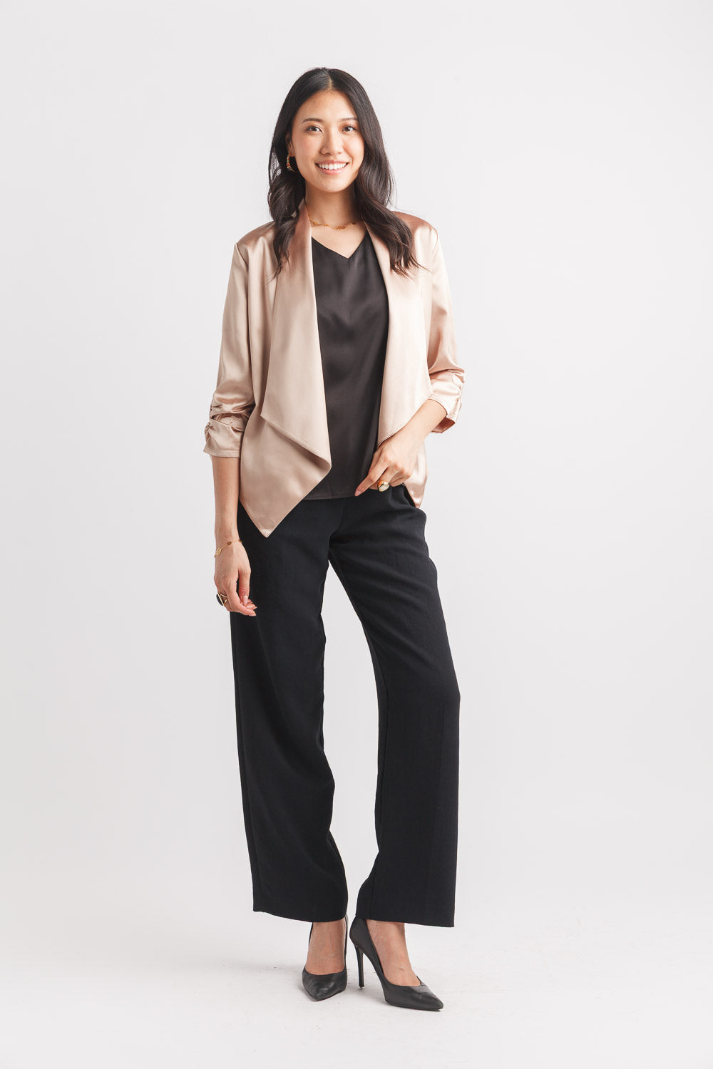 Satin Blazer with Ruched Sleeves