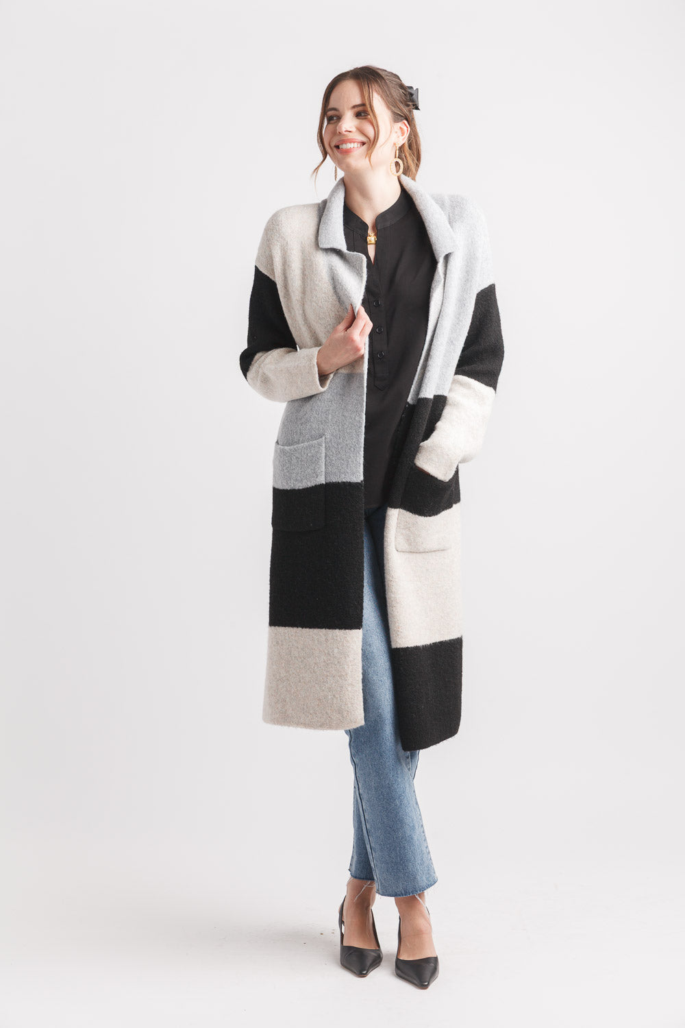 Color Block Coatigan With Pockets