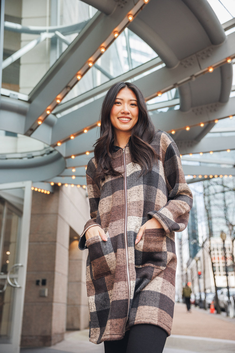 Knit Plaid Hooded Jacket With Pockets