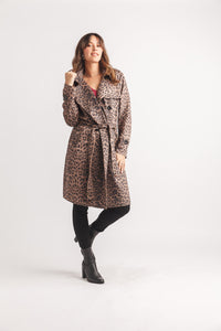 Faux Suede Animal Print Trench Coat With Pockets