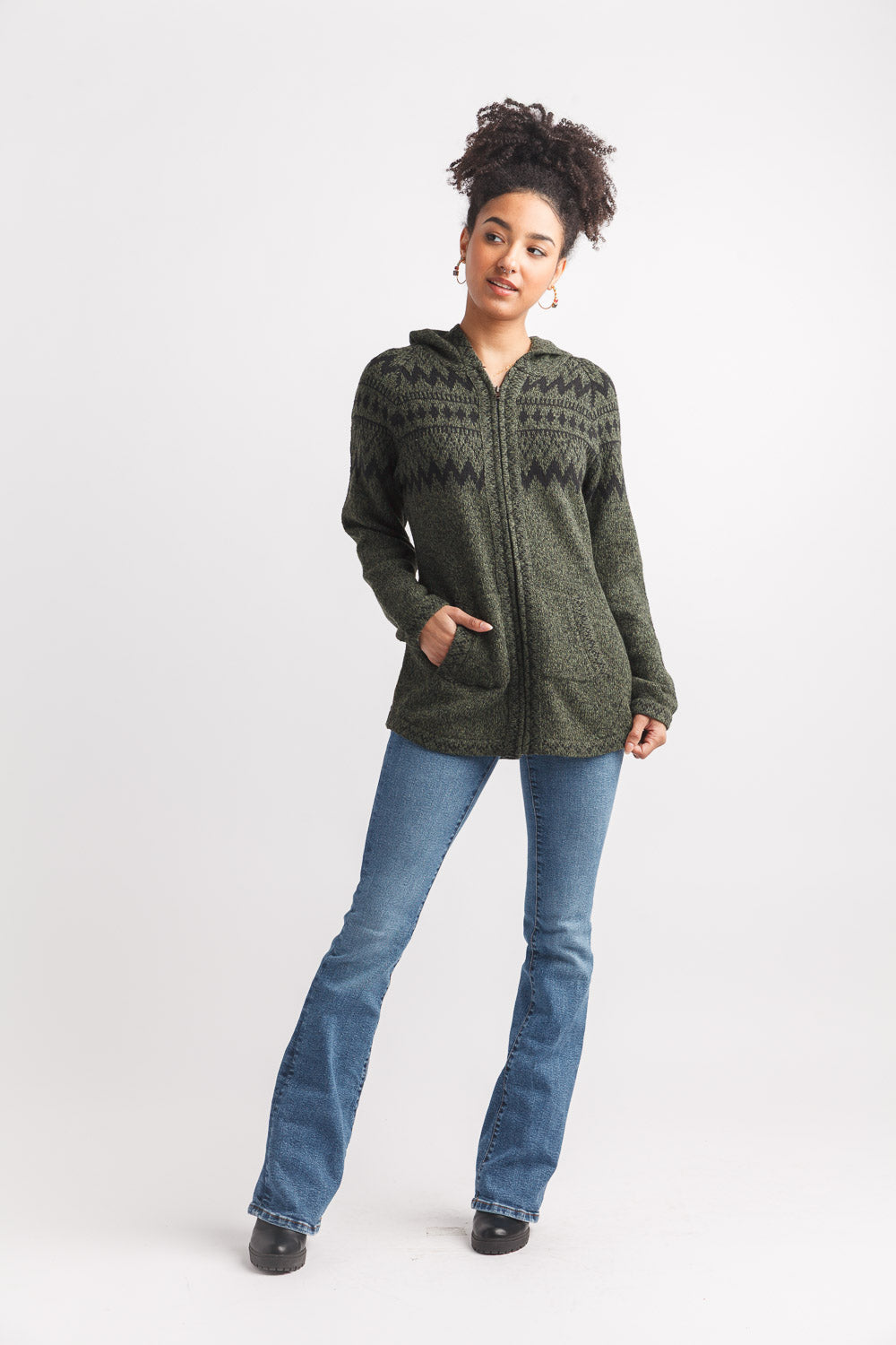 Fairisle Knit Hooded Short Jacket With Pockets