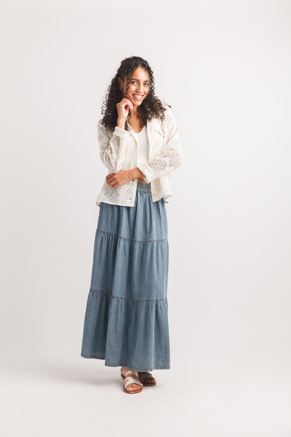 Tiered Denim Maxi Skirt With Elastic Waist