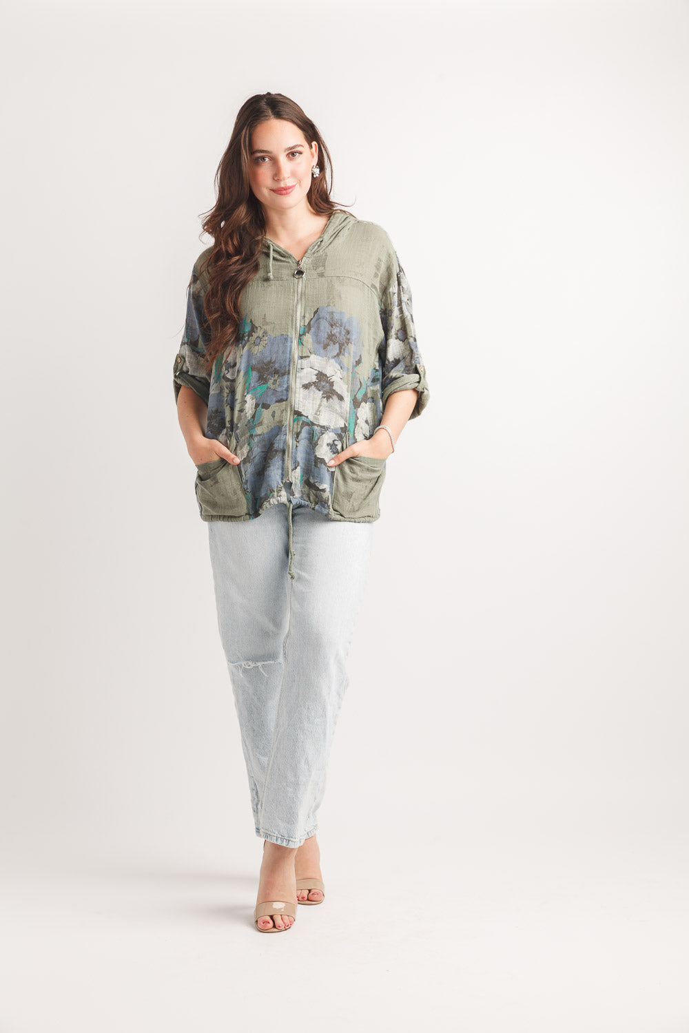 Floral Zip Up Lightweight Hooded Jacket - JT - 20754