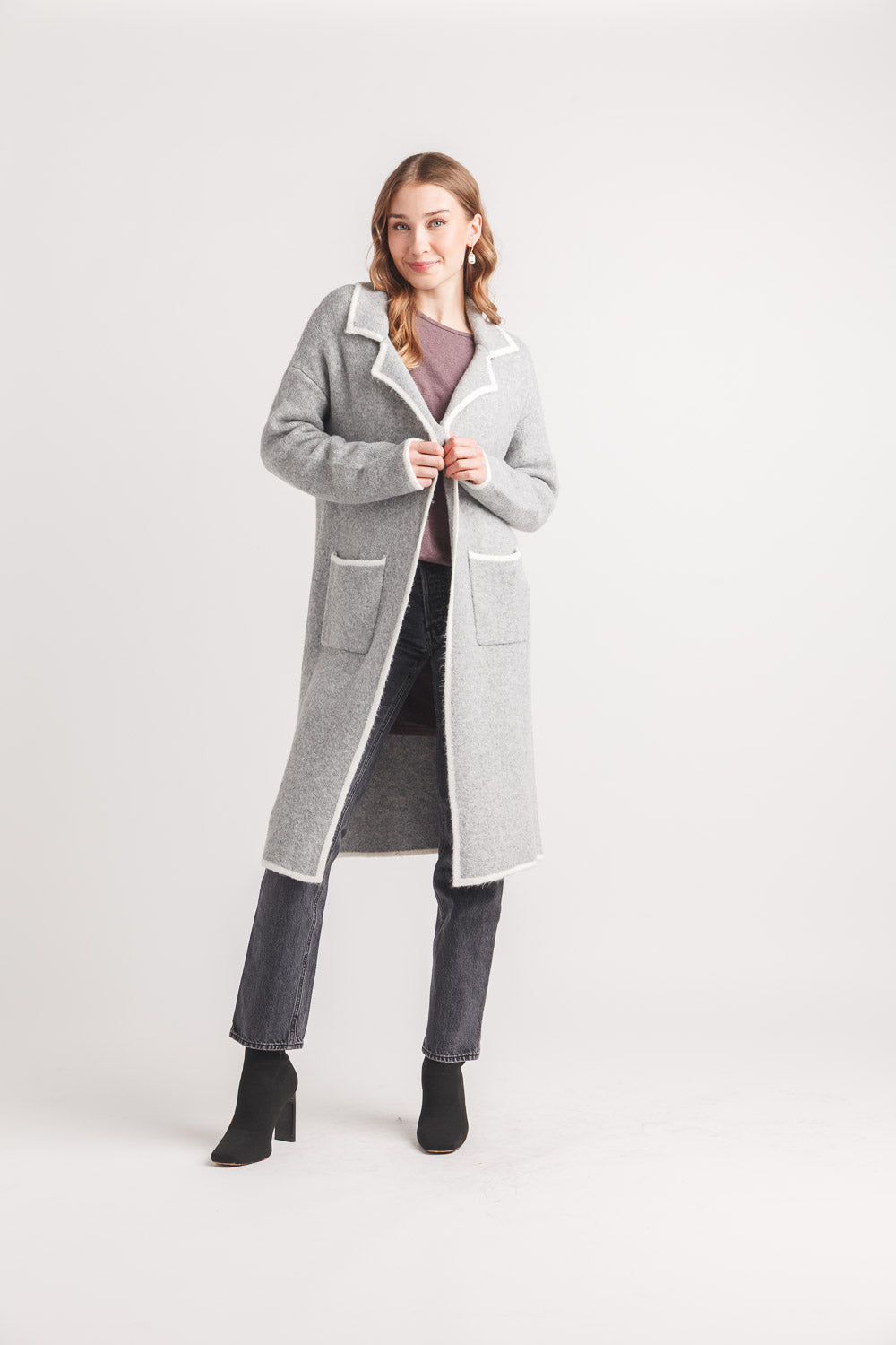 Knit Lapel Coatigan With Contrast Trim And Pockets