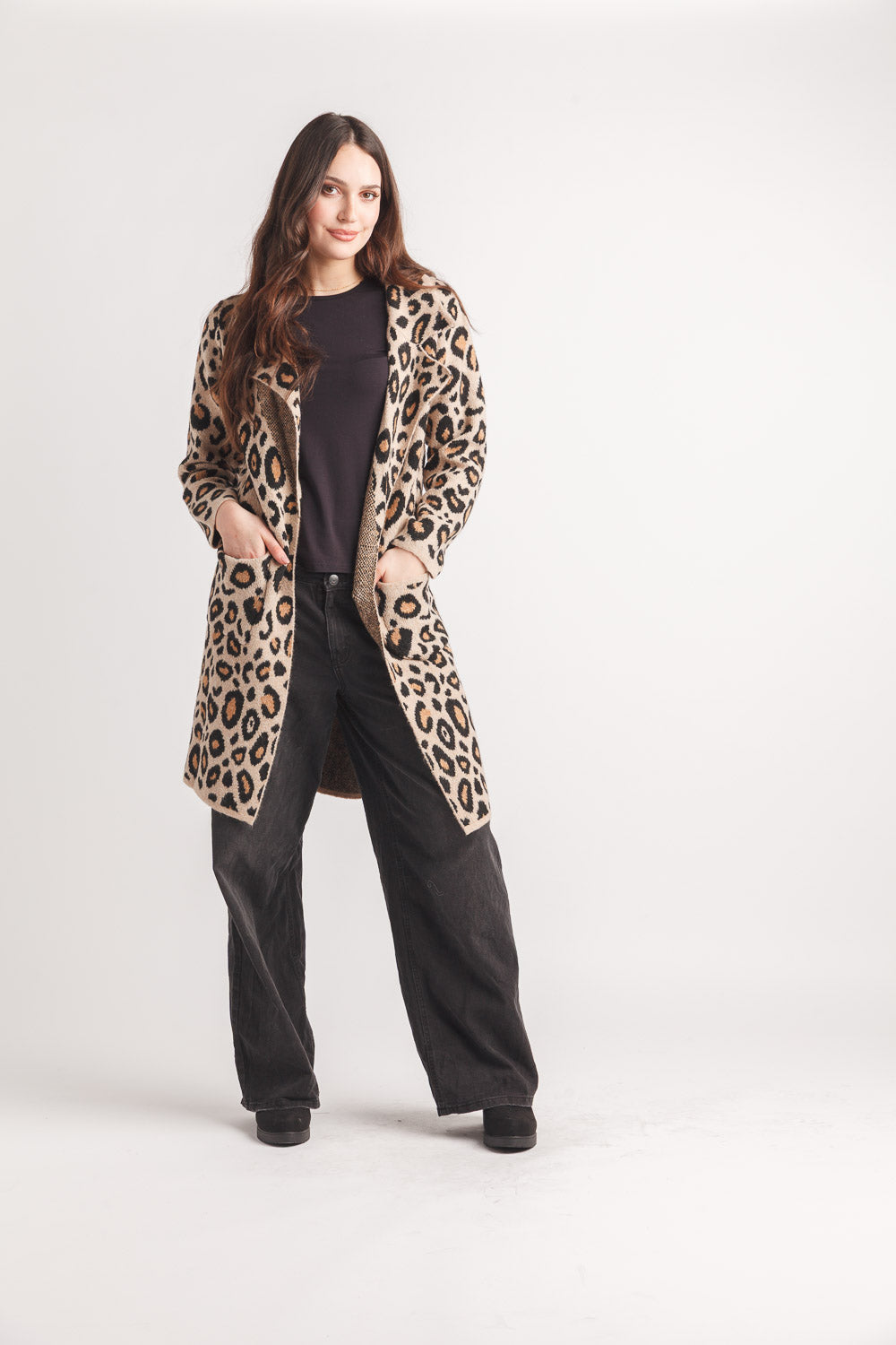 Knit Leopard Coatigan With Pockets