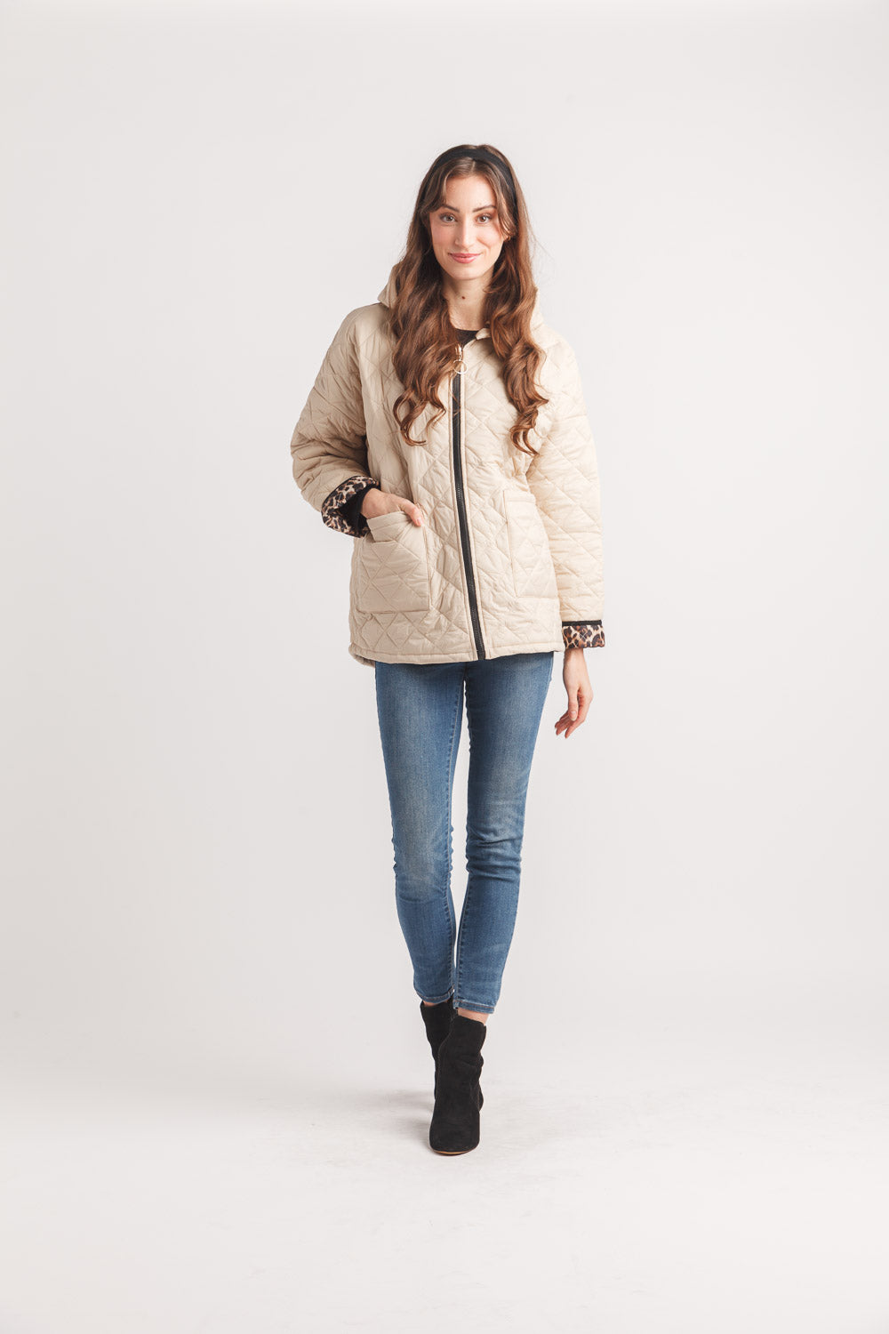 Quilted Hooded Jacket With Leopard Trim