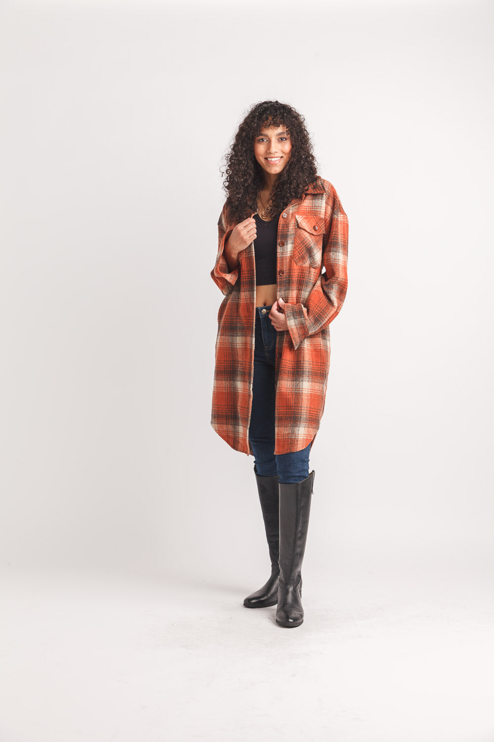 Plaid Long Shacket With Pockets