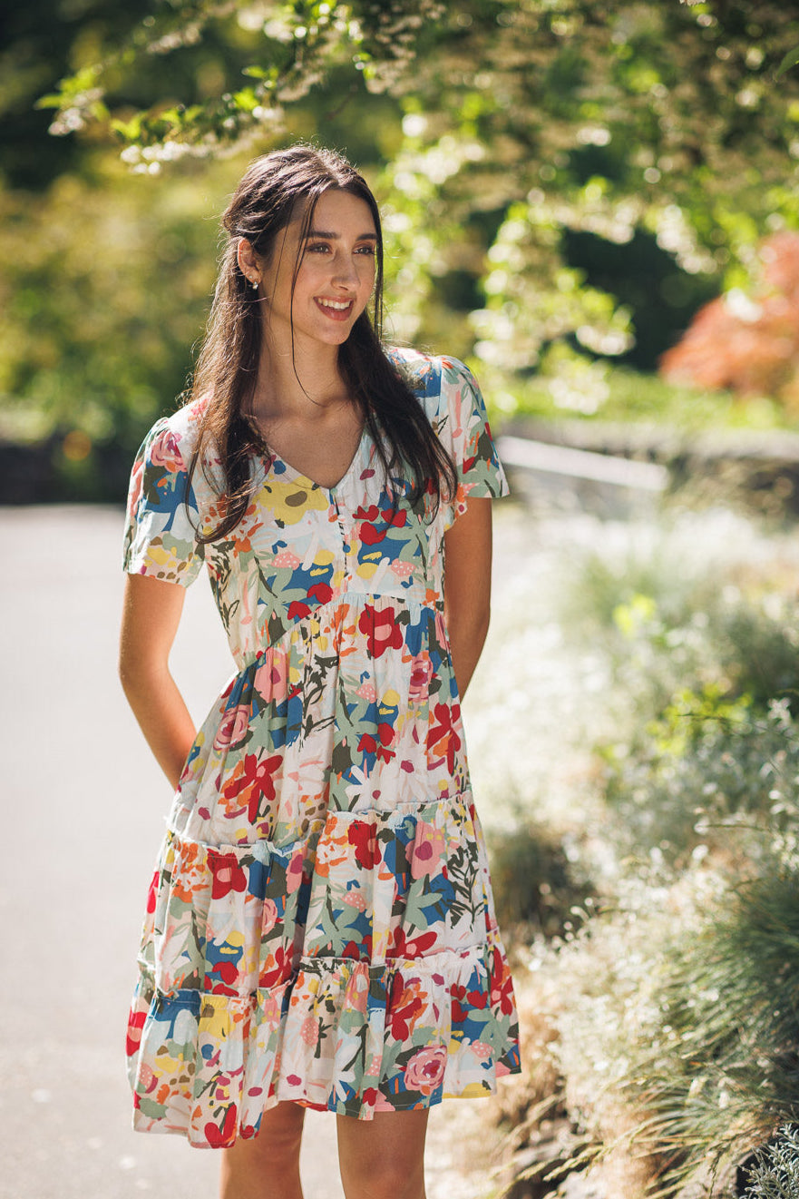 Short Sleeve Tiered Floral Henley Dress