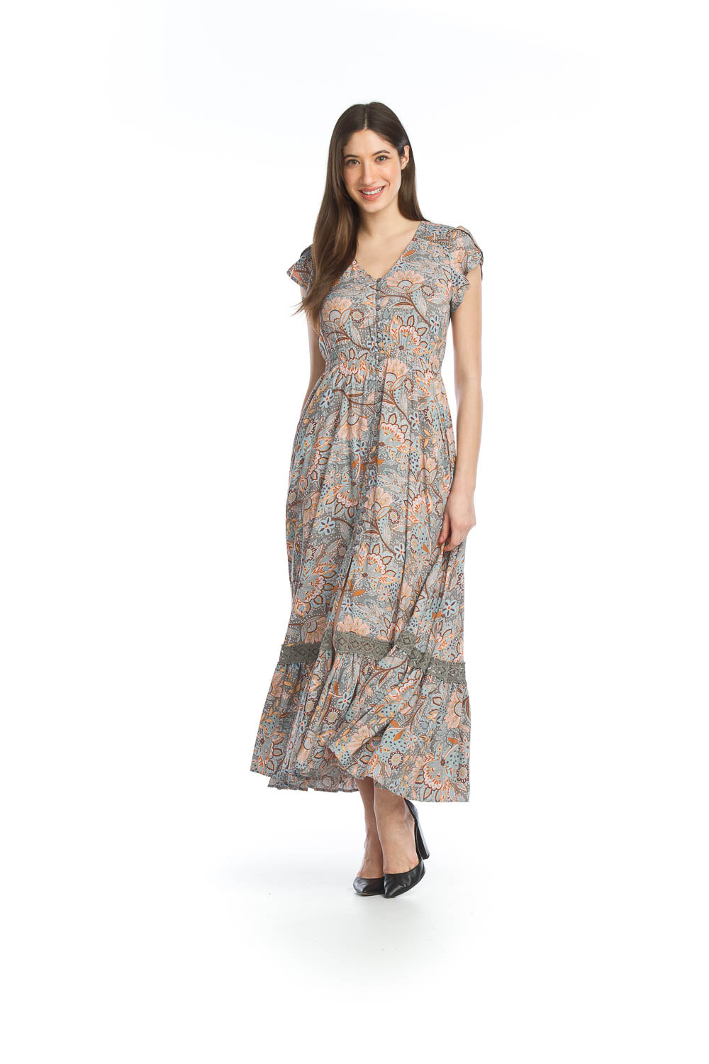PD-14511 - FLORAL AND PAISLEY BUTTON FRONT MAXI DRESS