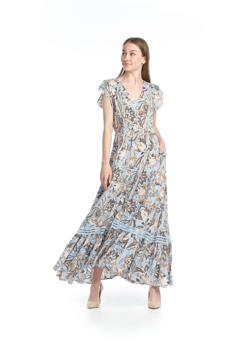 PD-14512 - FLORAL BUTTON FRONTMAXI DRESS WITH ELASTIC WAIST