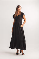 Solid Lace Inset Maxi Dress With Pockets