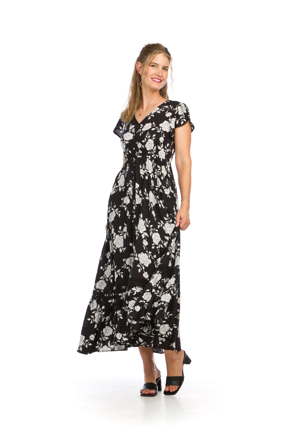 PD-14528 - FLORAL BUTTON FRONT MAXI DRESS WITH ELASTIC WAIST, LACE INSET, AND POCKETS