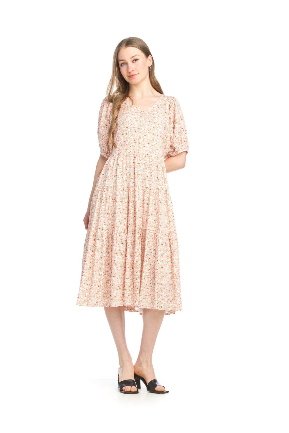 PD-14645 - DITSY FLORAL PUFF SLEEVE MIDI DRESS WITH POCKETS