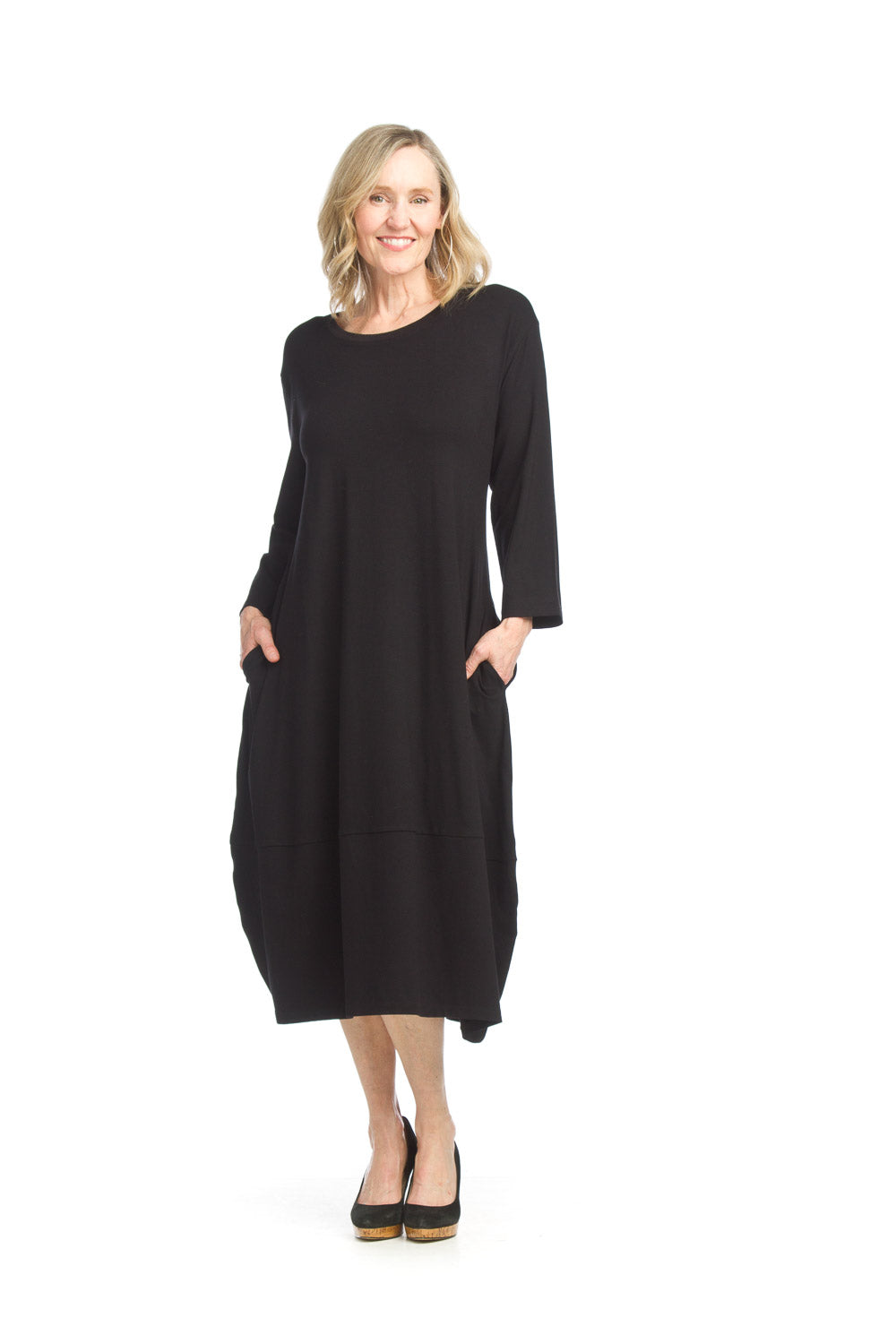 PD-15537 3/4 SLEEVE BAMBOO KNIT DRESS WITH POCKETS