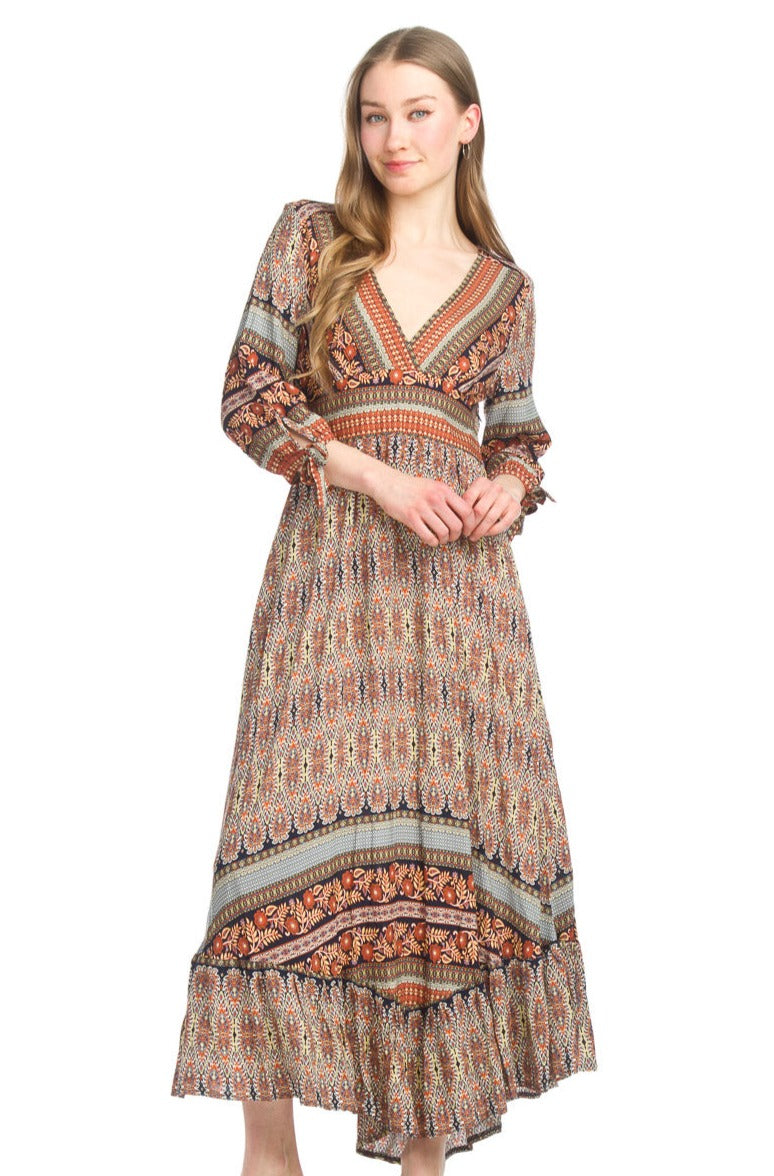 Global Printed Empire Waist Dress with Tie Sleeves.