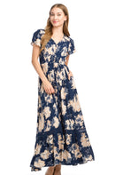 Floral Lace Inset Short Sleeve Maxi Dress with Smocked Waist and Pockets.