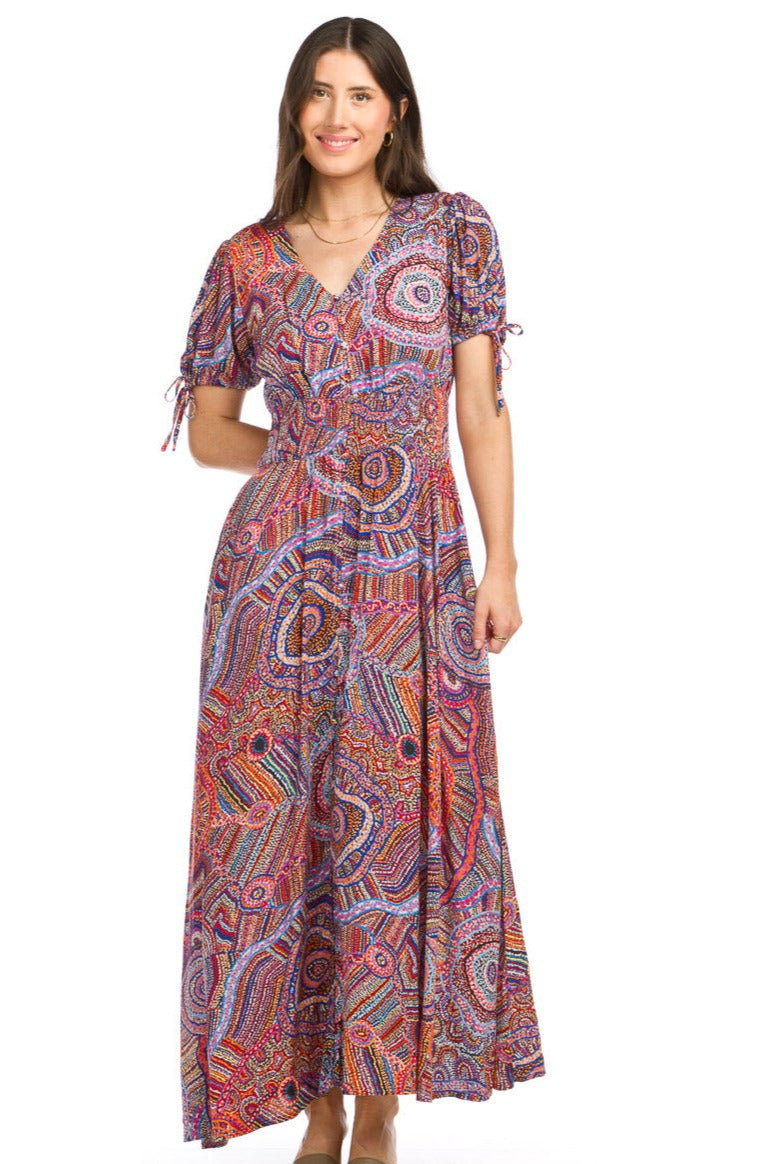 Ditsy Geo Print Button Front Maxi with Smocking Waist & Tie Sleeve