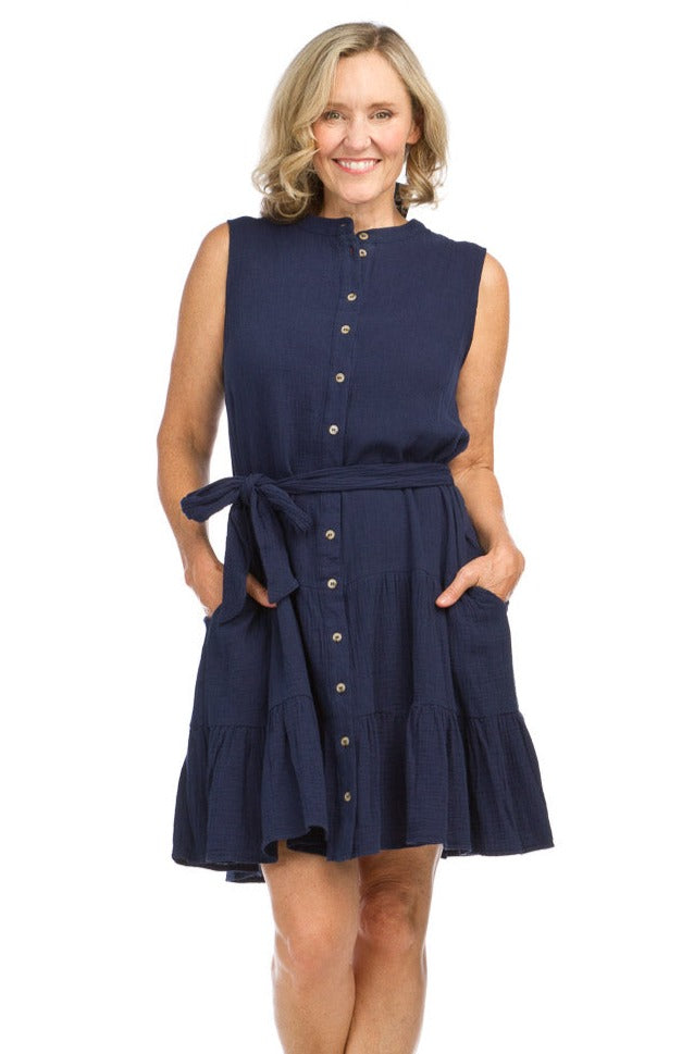 Sleeveless Gauge Button Front Dress with Pockets & Belt