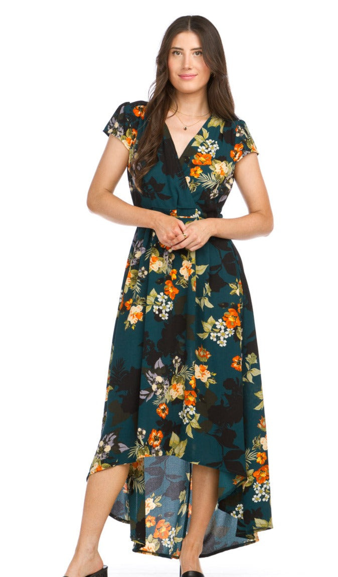 Crepe Floral Print High Low Maxi Dress with Wrap Top and Tie Belt