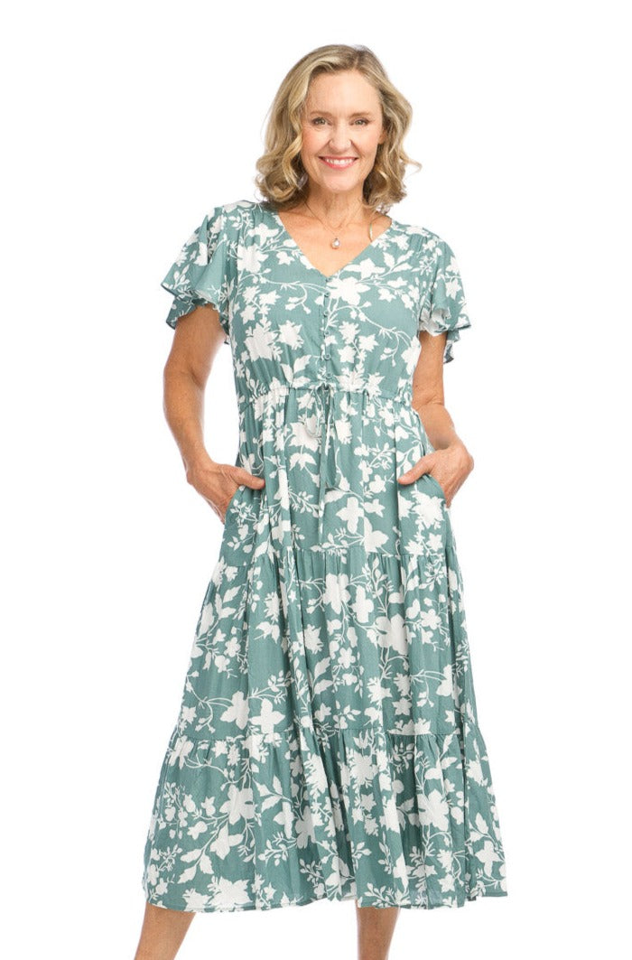 Shadow Floral Flutter Sleeve Tiered Midi Dress with Tie Waist