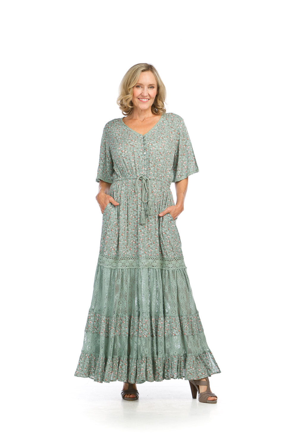 Ditsy Floral and Lace Tiered Maxi with Side Slit, Pockets, and Tie Waist.