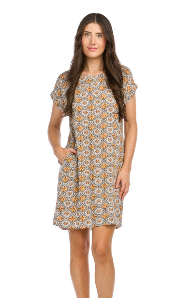 Medallion Print Shift Dress with Pockets.