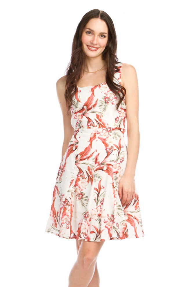 Floral Print Linen Dress with Smocking Back and Tie Belt.