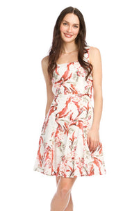 Floral Print Linen Dress with Tie Belt